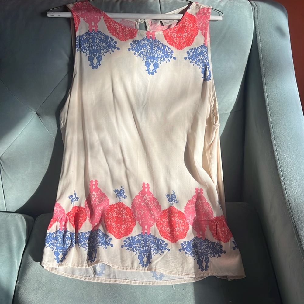 New cream tank top blouse with pink blue Indian print